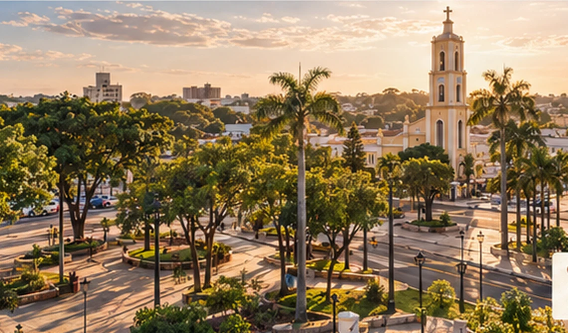 Vista aérea de Adamantina com a igreja matriz e a Praça Élio Micheloni ao entardecer